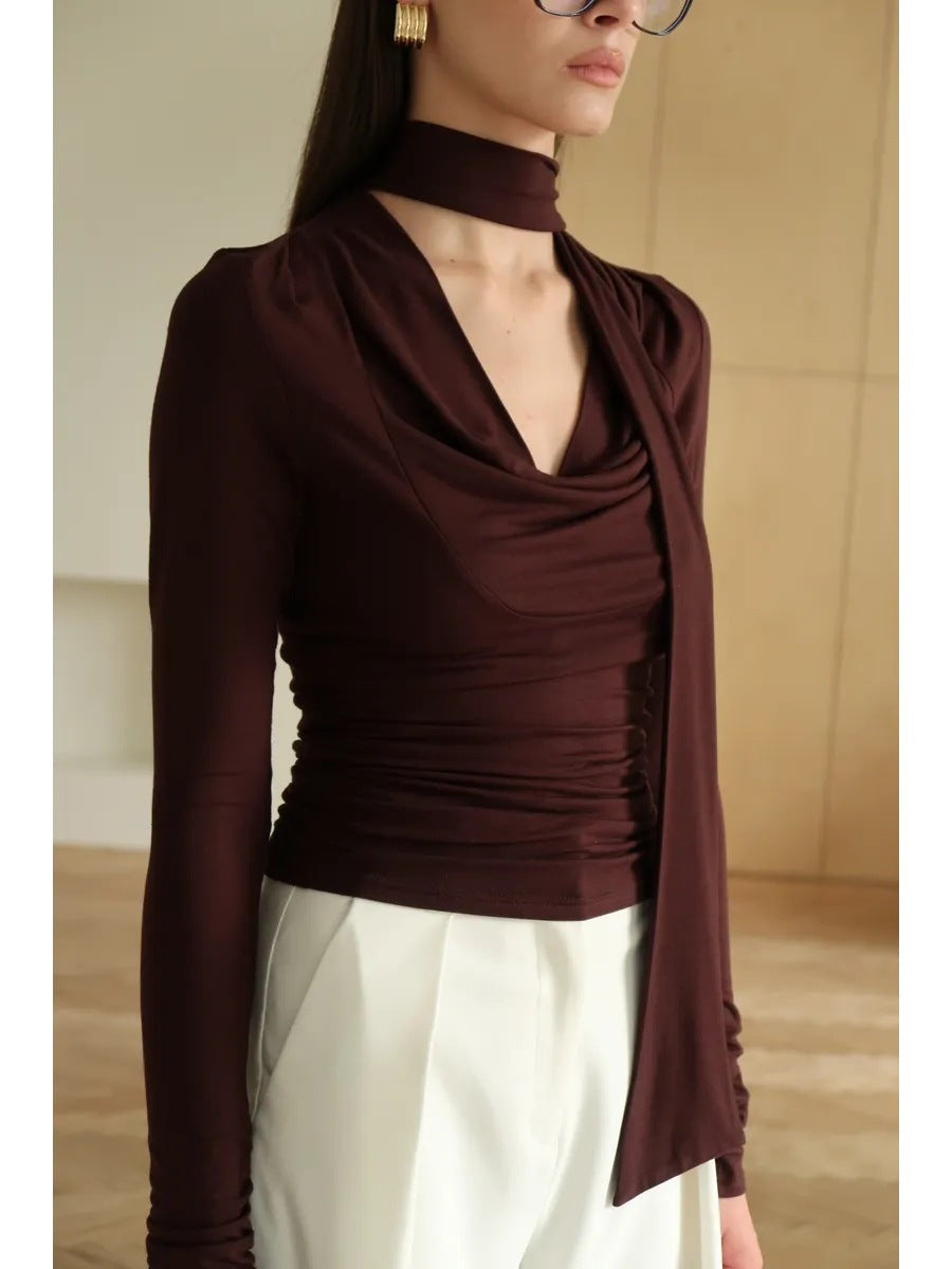 Cowl Neck Long Sleeve Tie Detail Knit Top