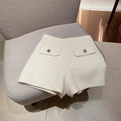 Floral White Faux Pearl Metallic Thread Tweed Shorts