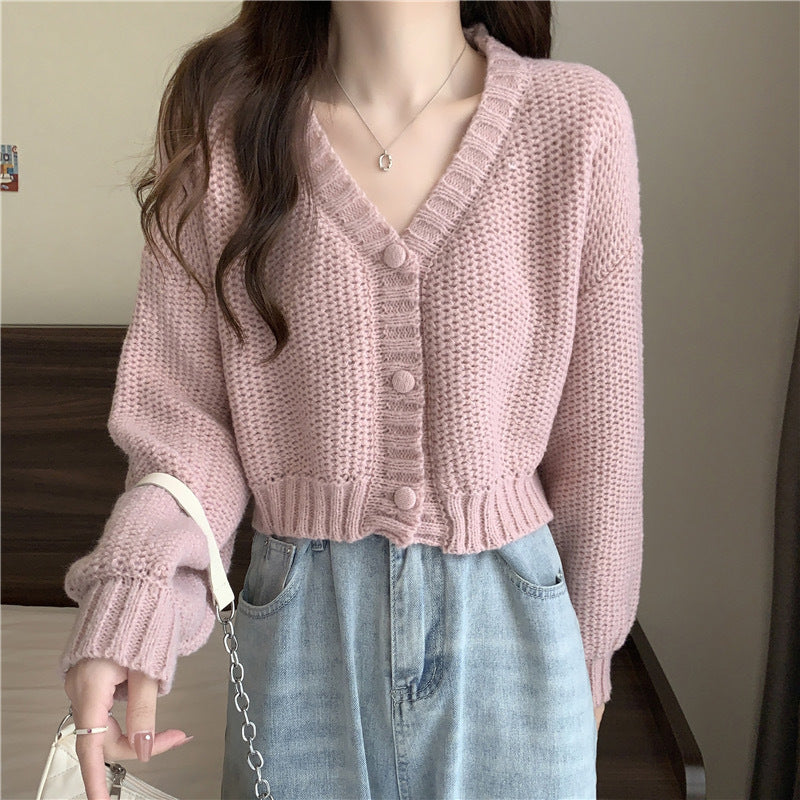 V-Neck Button Wool Blend Cable Knit Cardigan