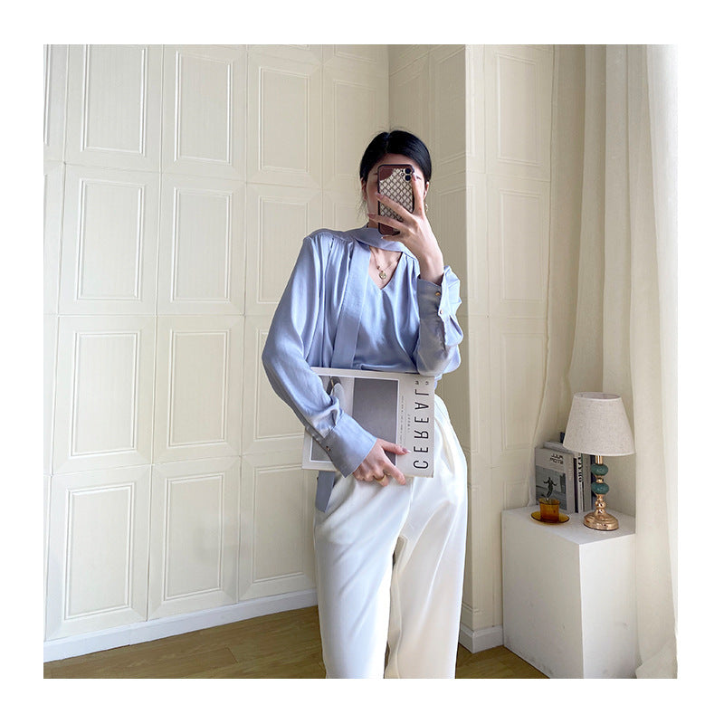 White Tie Neck Satin Blouse