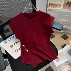 Asymmetrical Ruched Top with Decorative Pin