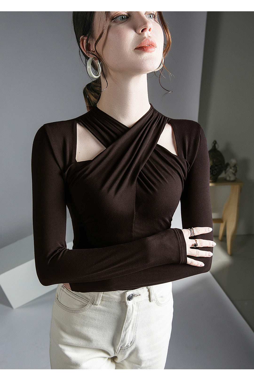 Twisted Front Detail Long Sleeve Knit Top