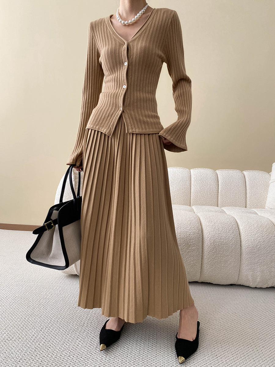 Knit Cardigan & Pleated Midi Skirt Set