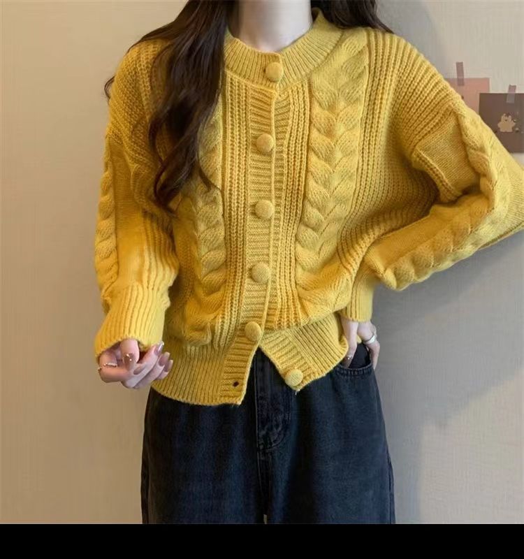 Dark Salmon Cable-Knit Button-Up Cardigan