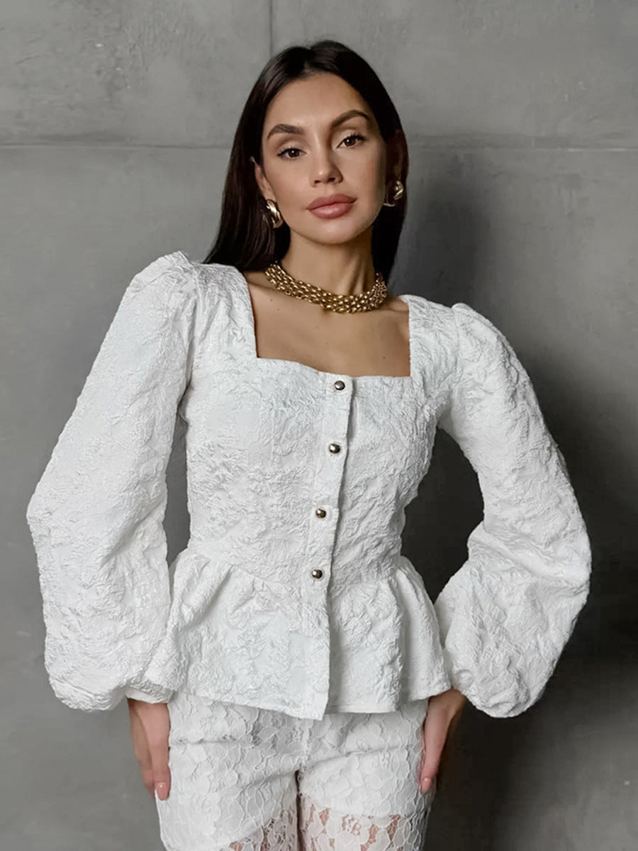 Textured Puff Sleeve Peplum Blouse