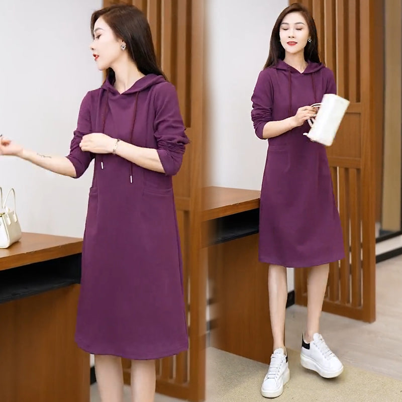 Long Sleeve Hooded Pockets Sweatshirt Dress