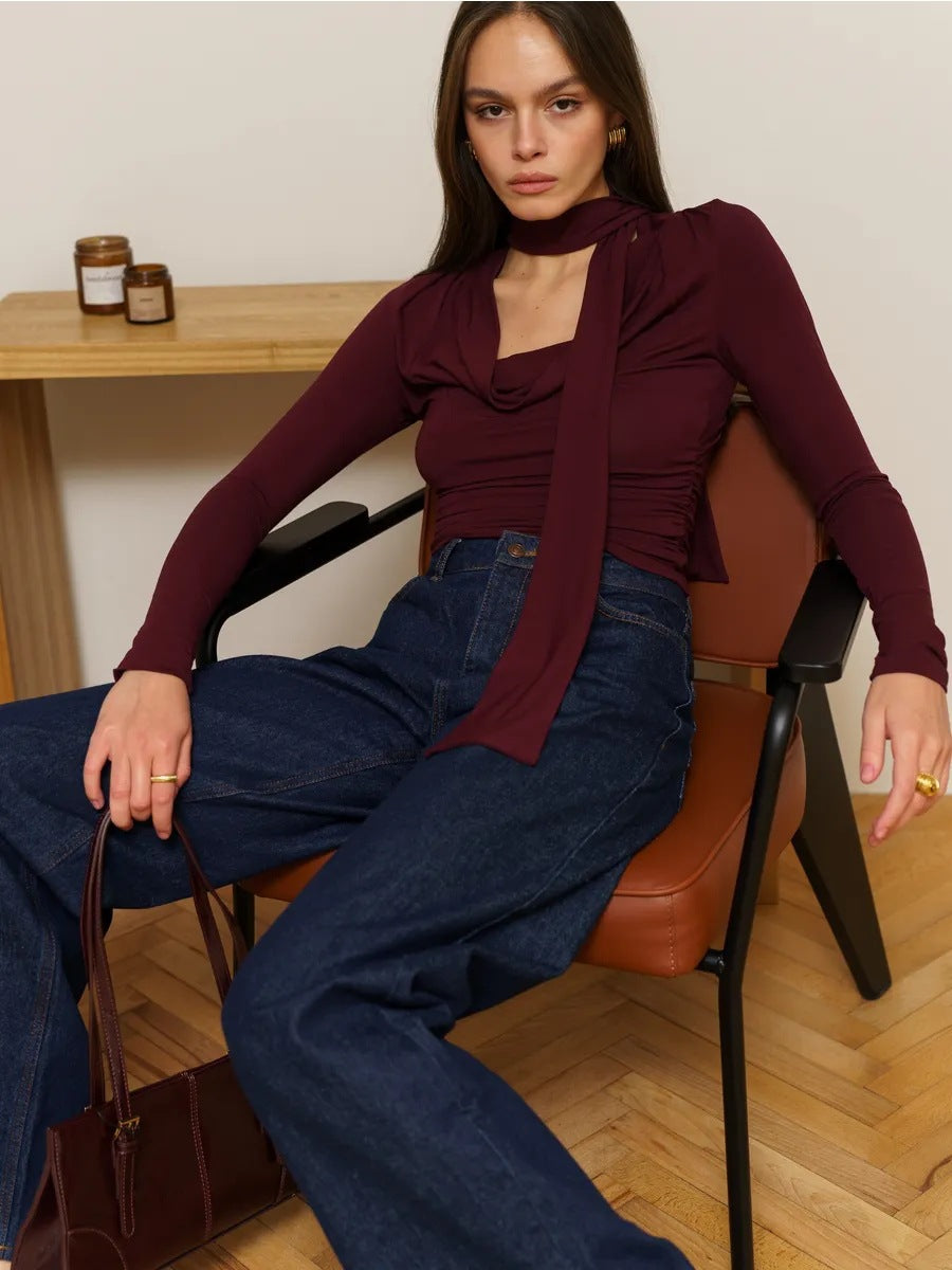 Cowl Neck Long Sleeve Tie Detail Knit Top