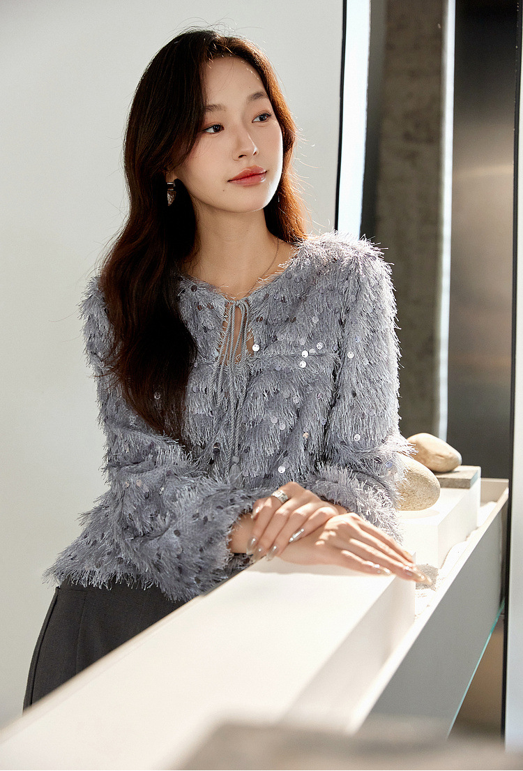 Sequin Fringe Crewneck Blouse â€?Elegant Straight Fit