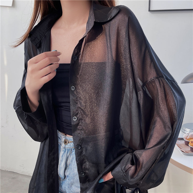 Sheer Chiffon Textured Metal Button Shirt