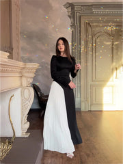 Two-Tone Long Sleeve Pleated Midi Dress