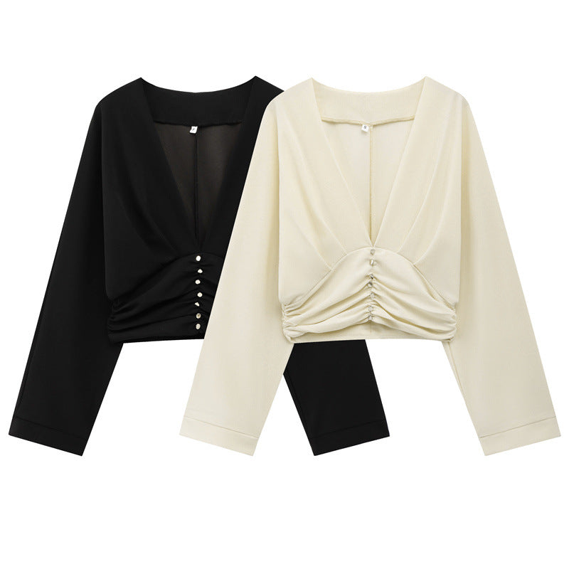 V-Neck Ruched Waist Decor Button Crop Blouse