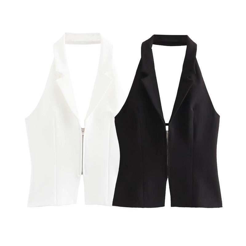 Canvas Halter Neck Backless Lapel Vest