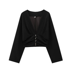 V-Neck Ruched Waist Decor Button Crop Blouse