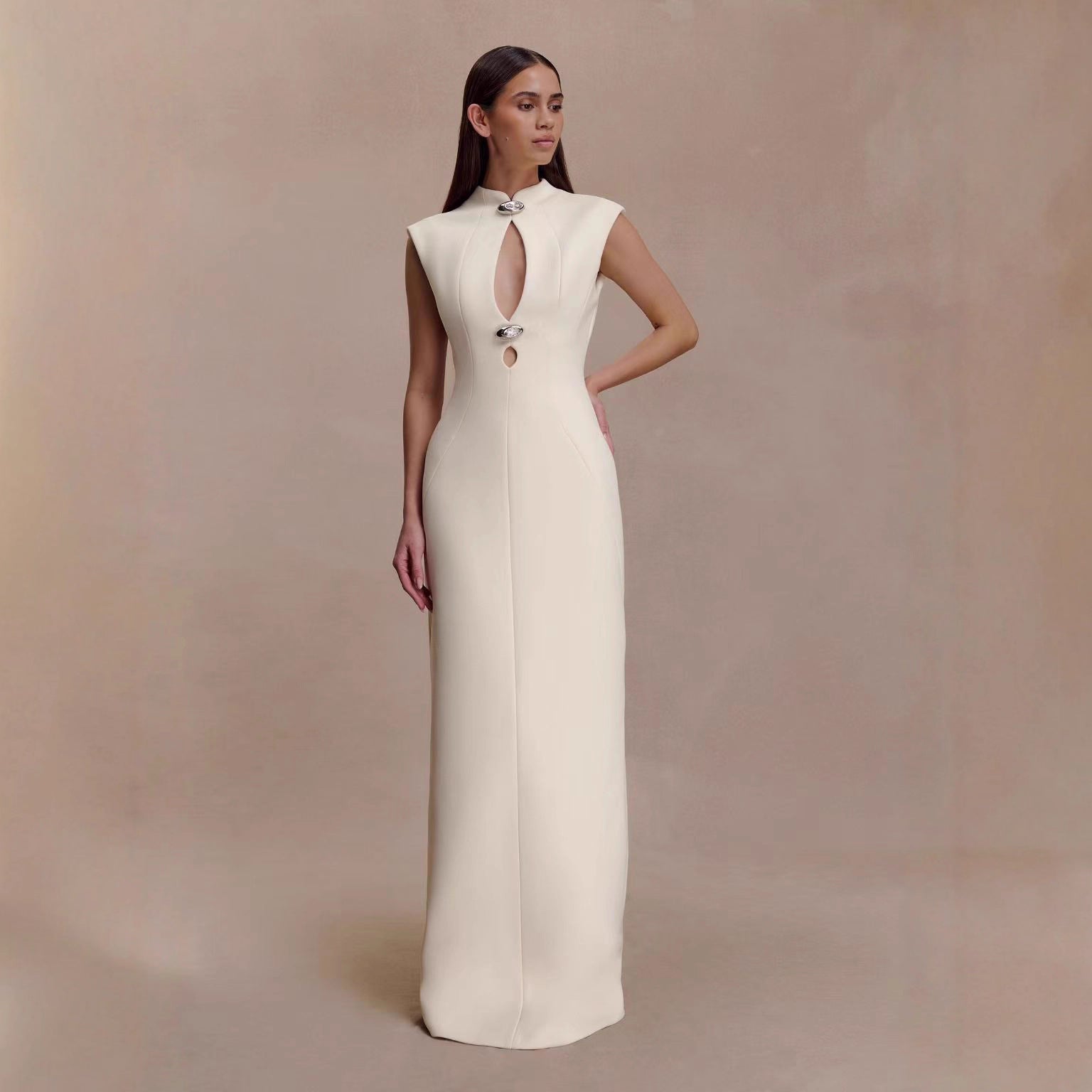 Fitted Straight-Line Evening Dress with High Neck