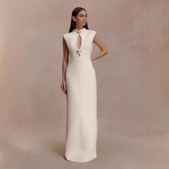Fitted Straight-Line Evening Dress with High Neck