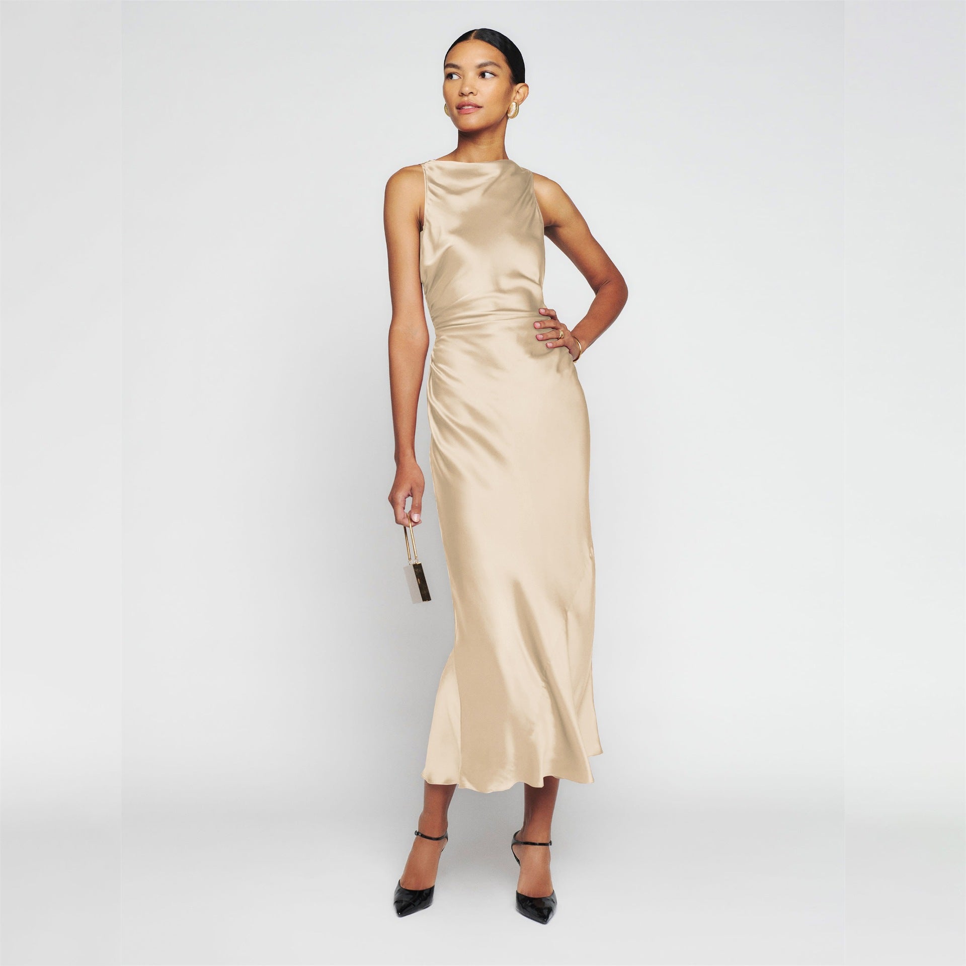 Cowl Neck Satin Back Cross Long Dress