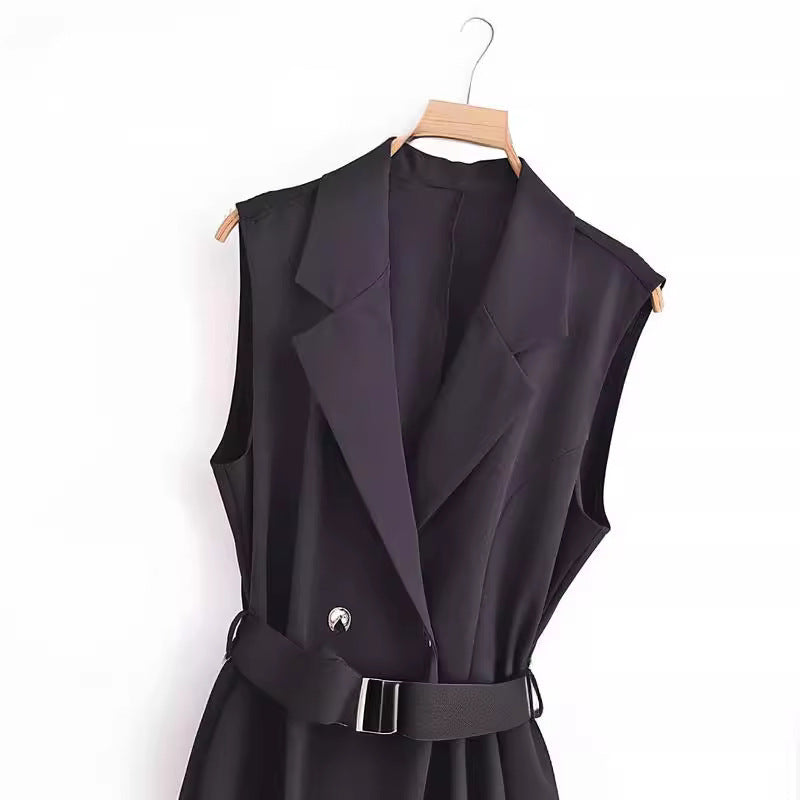 Double-Breasted Belted Vest And Dress Set