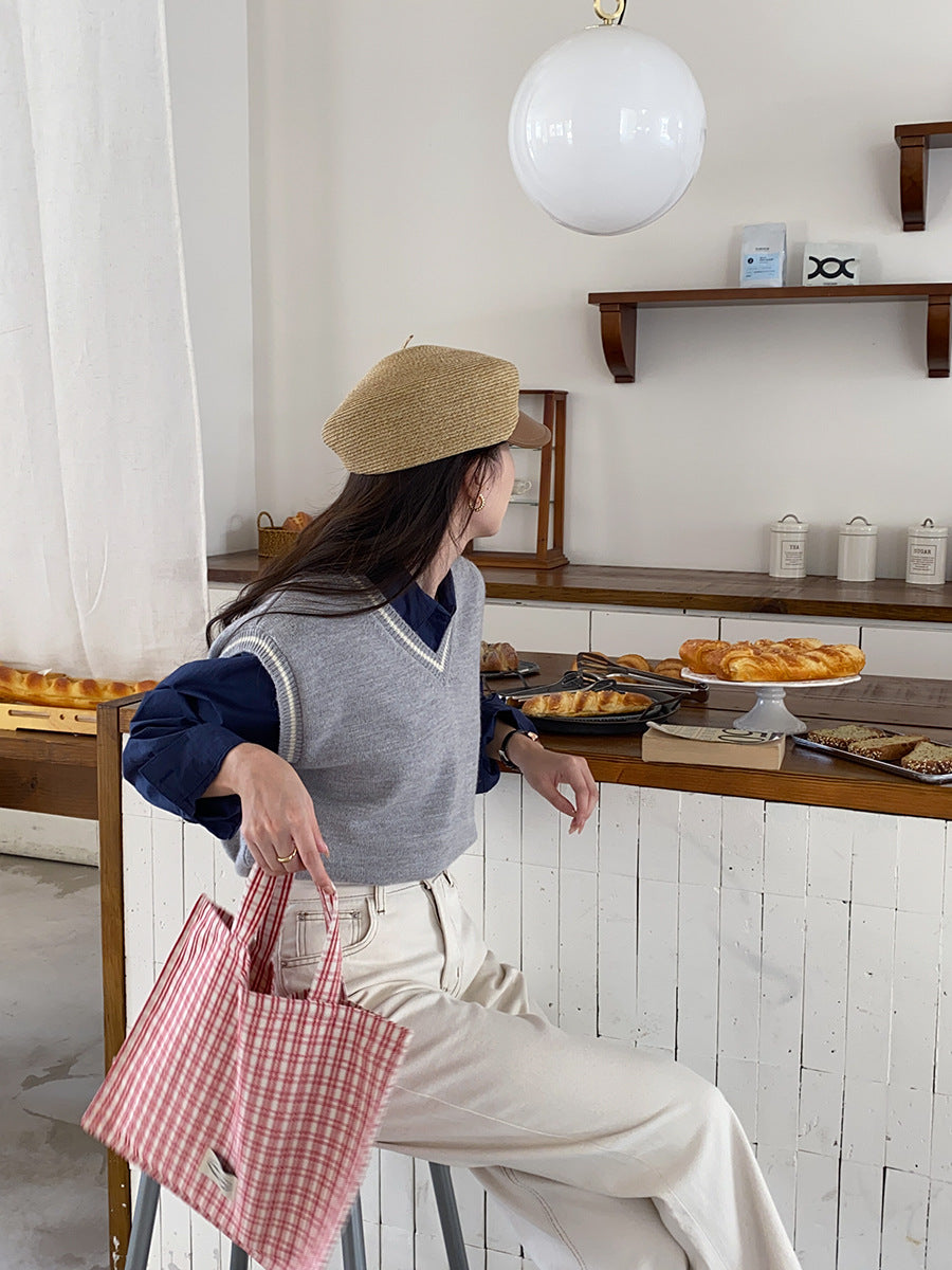 French College Style Milk Sweet Department Gentle Early Autumn Loose v-Neck Pullover Vest Sweater Vest