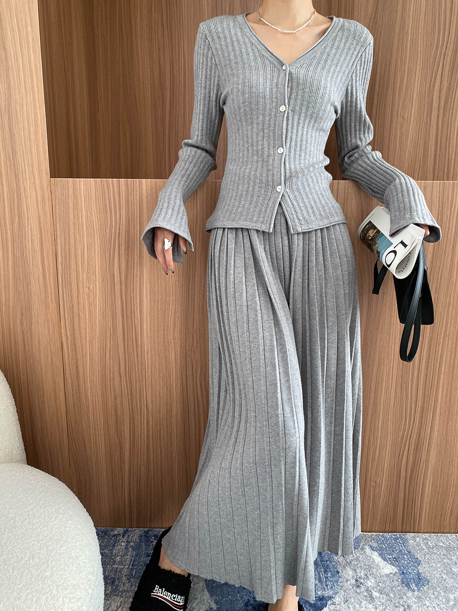 Knit Cardigan & Pleated Midi Skirt Set