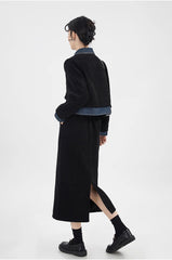 Wool Blend Denim Collar Puff Sleeve Cardigan