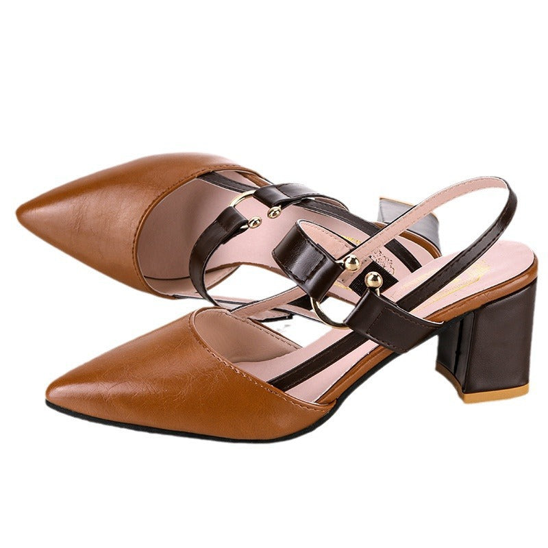thick heel pointed toe buckle high heel sandals
