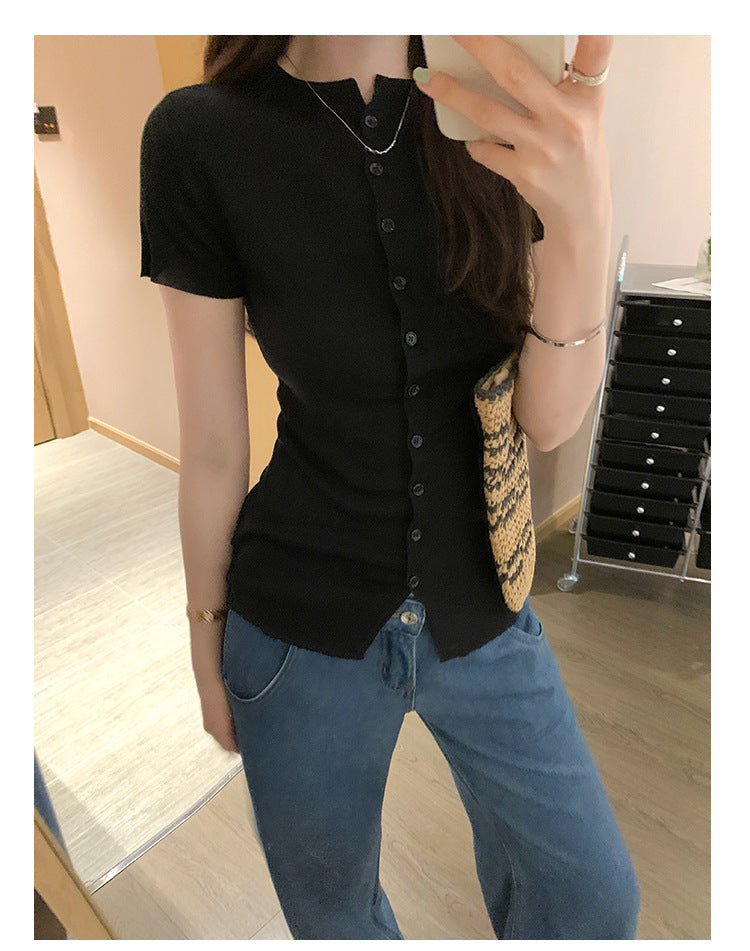 Mock Neck Cap-Sleeve Button T-Shirt