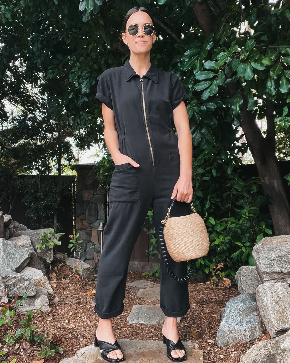 Summer solid color casual fashion zipper jumpsuit