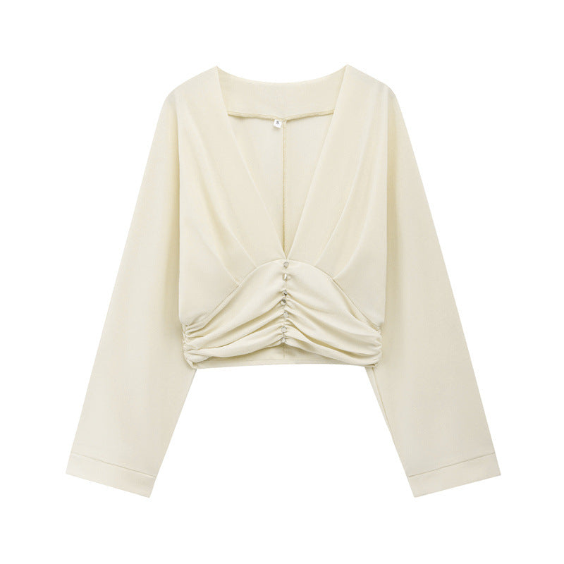 V-Neck Ruched Waist Decor Button Crop Blouse
