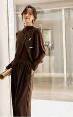 Herringbone Three-Piece Set â€?Vest, Blouse & Wide-Leg Pants