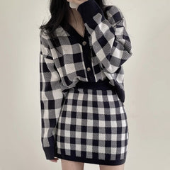Checkered Wool Blend Button Cardigan And Skirt Set