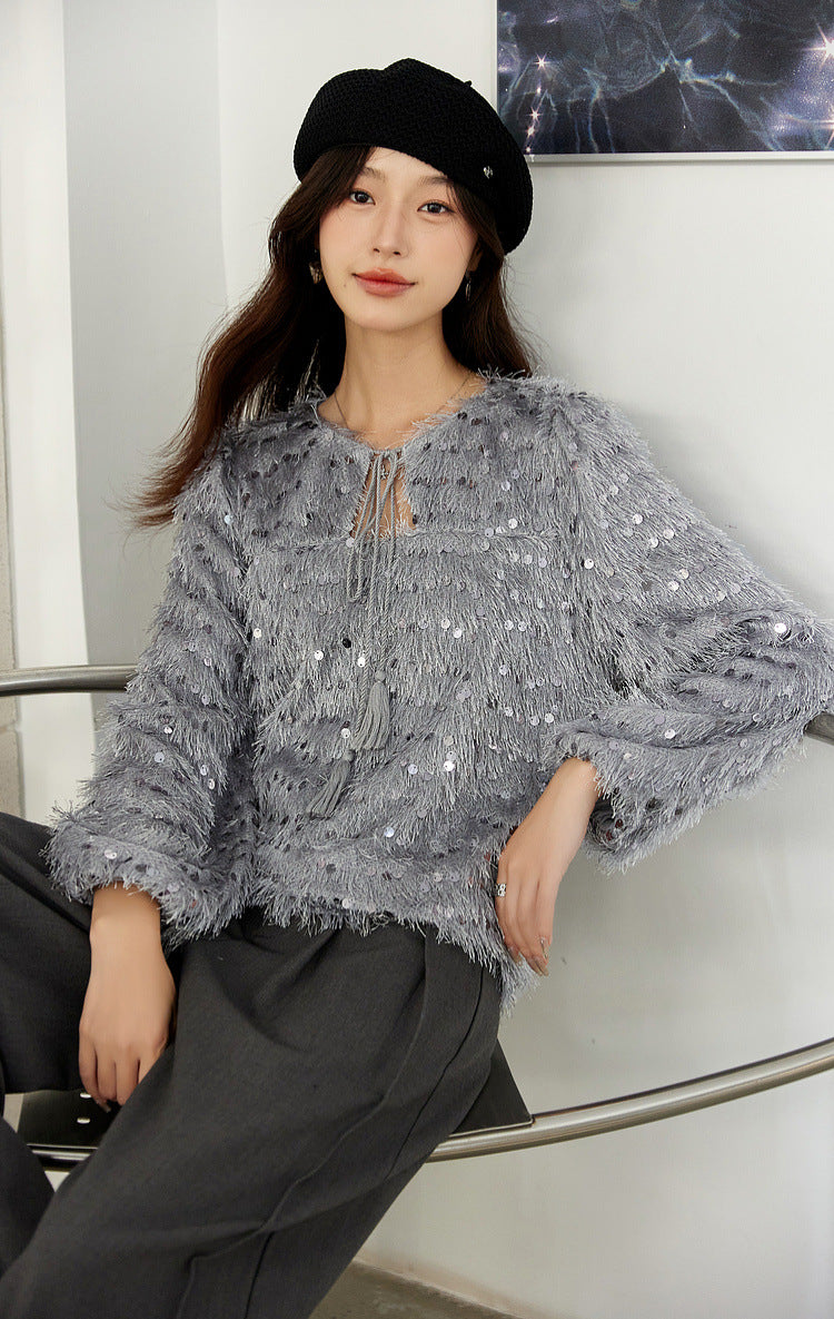 Sequin Fringe Crewneck Blouse â€?Elegant Straight Fit