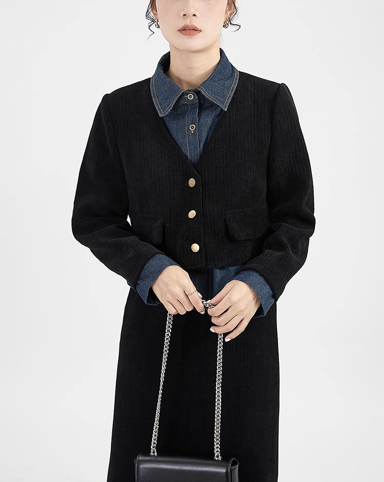 Wool Blend Denim Collar Puff Sleeve Cardigan