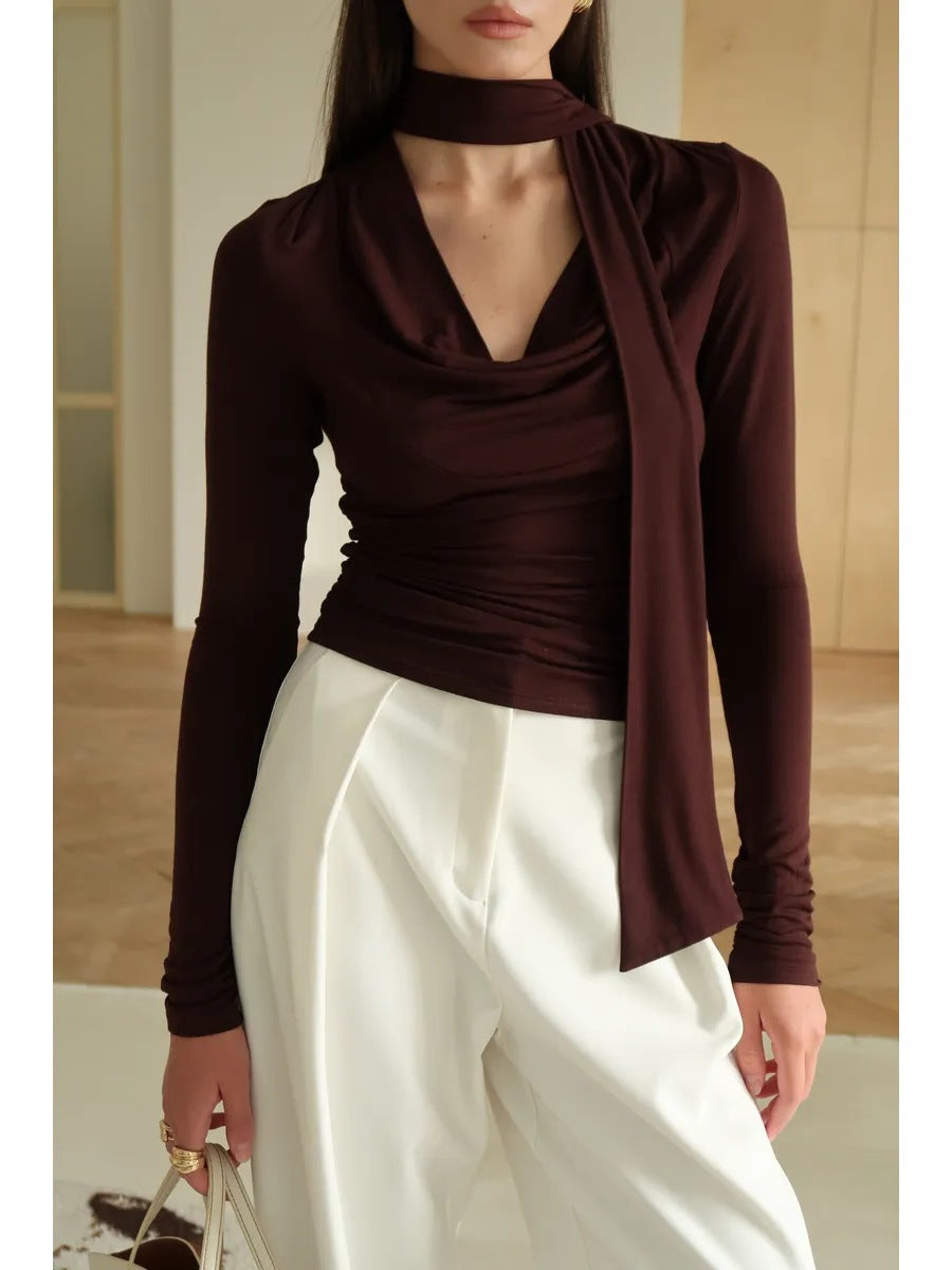 Cowl Neck Long Sleeve Tie Detail Knit Top