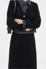Wool Blend Denim Collar Puff Sleeve Cardigan