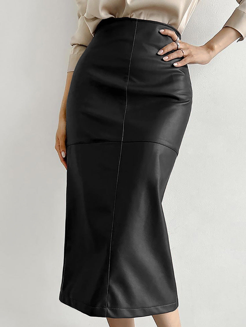 Faux Leather Piping Sit Midi Skirt