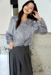 Sequin Fringe Crewneck Blouse â€?Elegant Straight Fit
