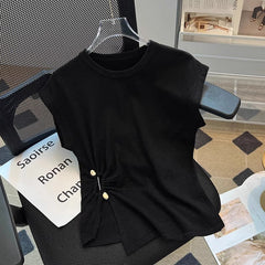 Asymmetrical Ruched Top with Decorative Pin