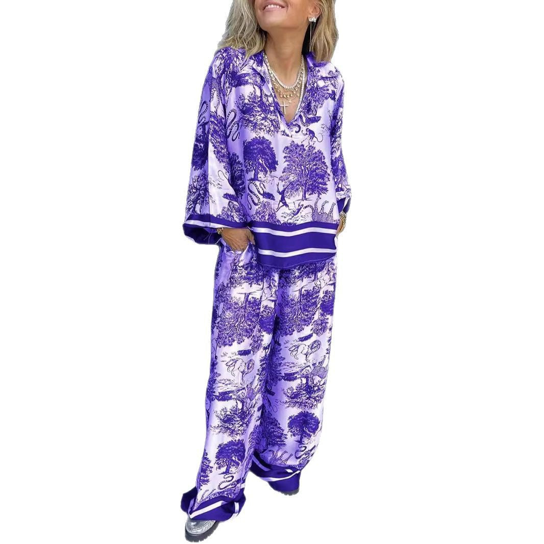 V-neck long-sleeved printed casual suit