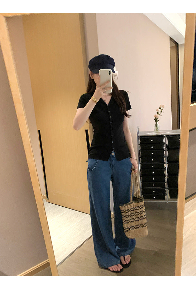 Mock Neck Cap-Sleeve Button T-Shirt