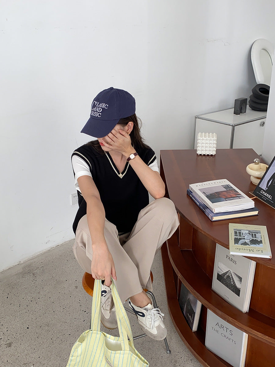 French College Style Milk Sweet Department Gentle Early Autumn Loose v-Neck Pullover Vest Sweater Vest