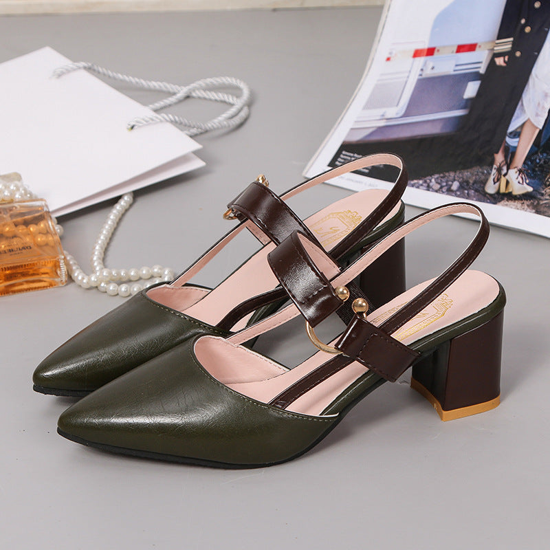 thick heel pointed toe buckle high heel sandals