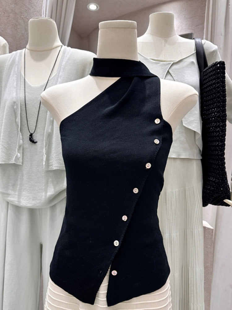 Cotton & Linen Halter Top With Decor Pockets