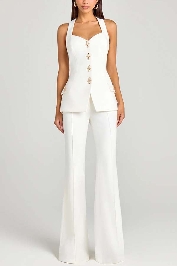 Cross-Shaped Button Blazer,Vest And Trouser Set