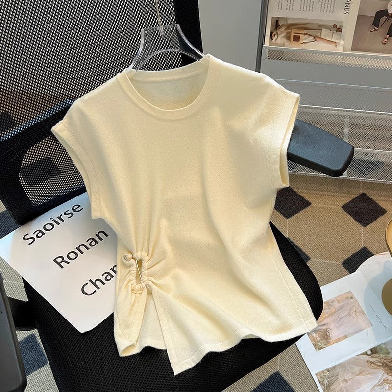 Asymmetrical Ruched Top with Decorative Pin