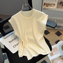 Asymmetrical Ruched Top with Decorative Pin