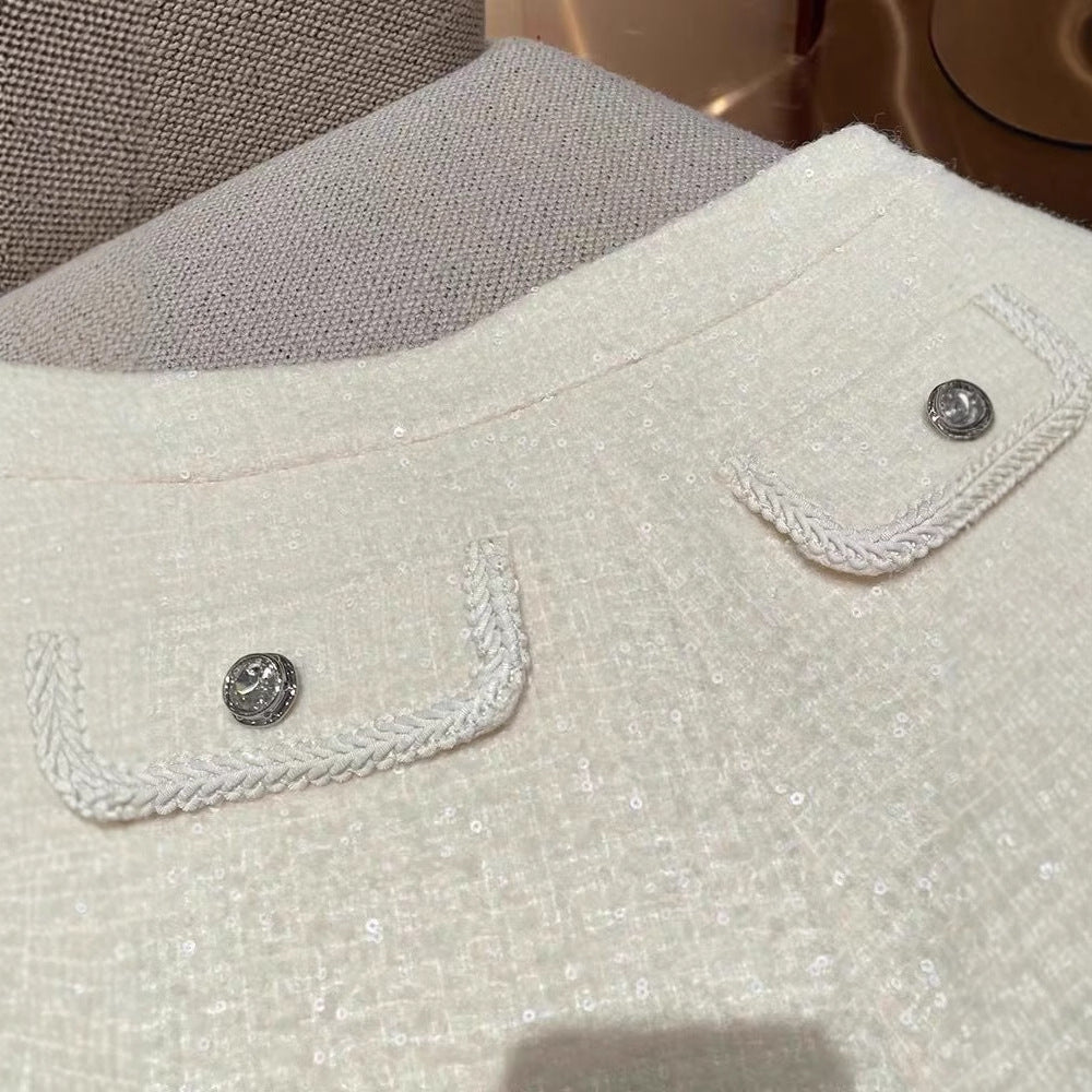 Floral White Faux Pearl Metallic Thread Tweed Shorts