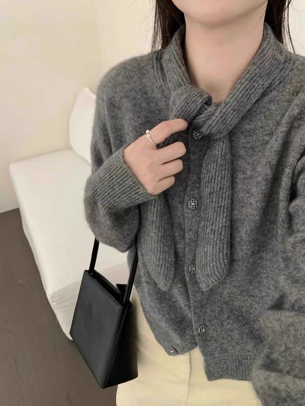 Tie-Neck Metal Button Knit Cardigan