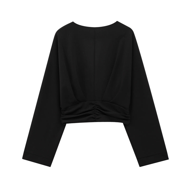 V-Neck Ruched Waist Decor Button Crop Blouse