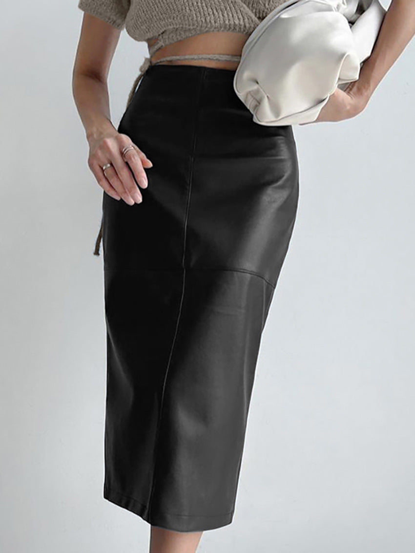 Faux Leather Piping Sit Midi Skirt