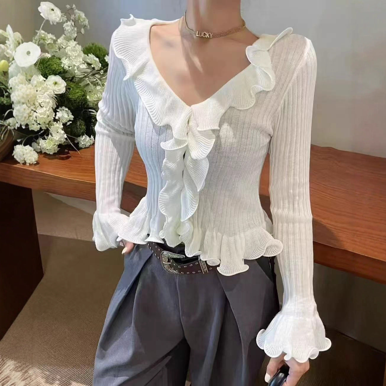 Ruffled V-Neck Knit Cardigan